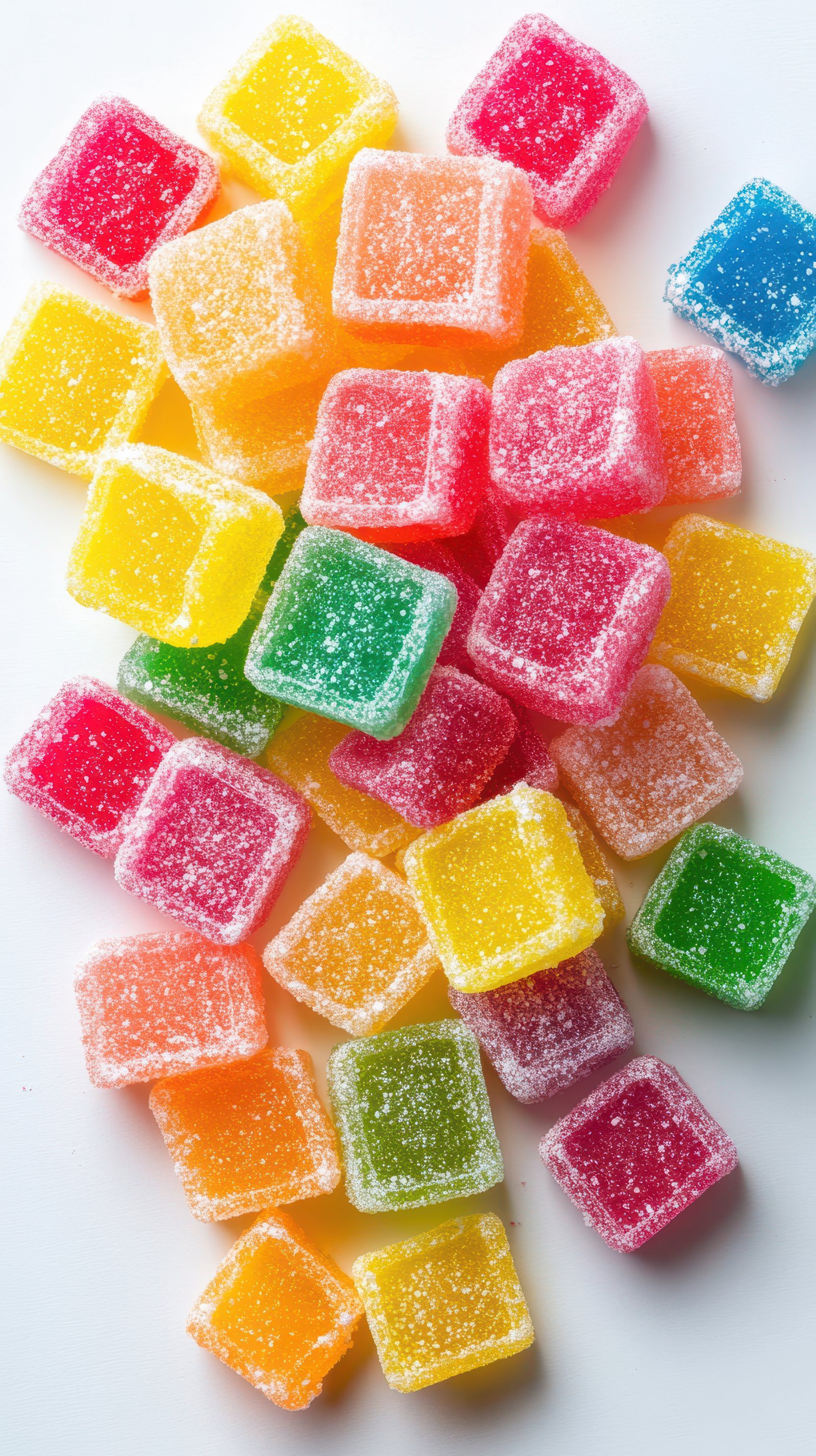 Colorful assorted gummy candies spread out on a white surface showcasing their vibrant hues and sugary texture